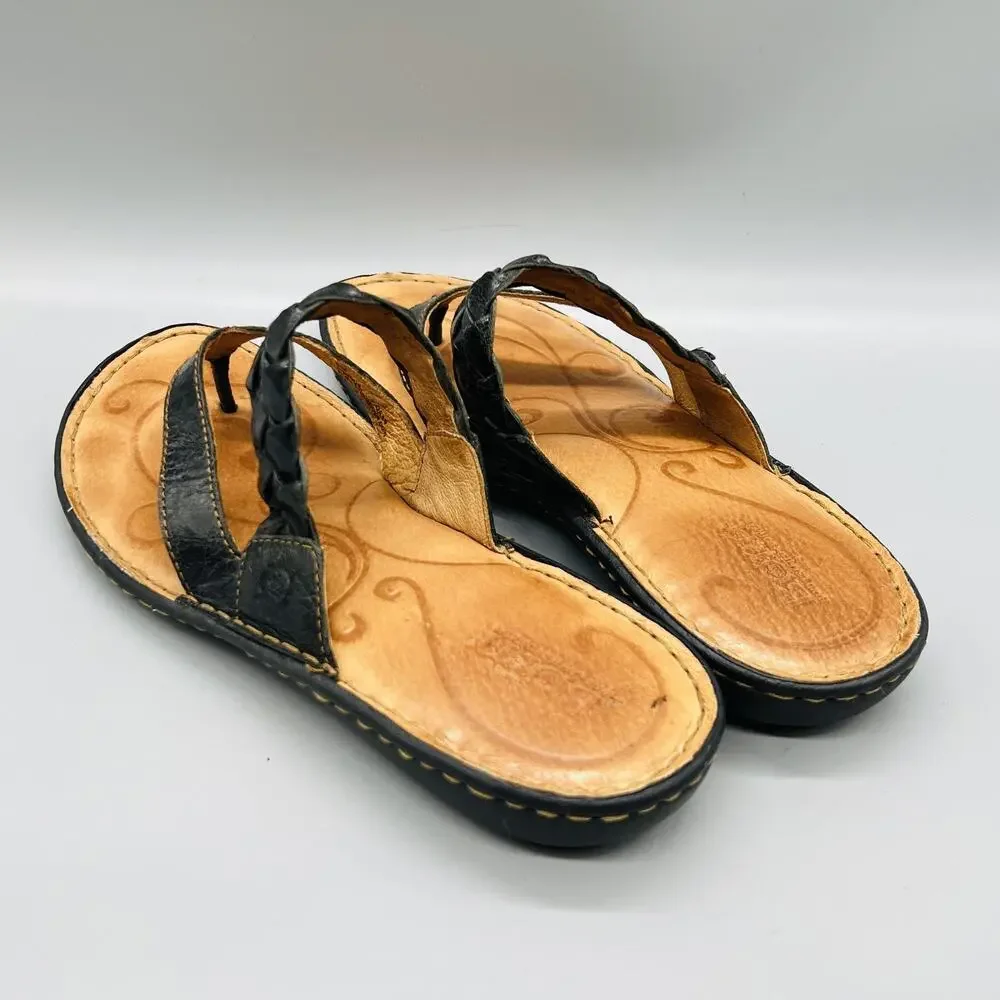 Born Sandals Womens 9 Black Leather Braided Strap Thong Slip On Comfort Shoes